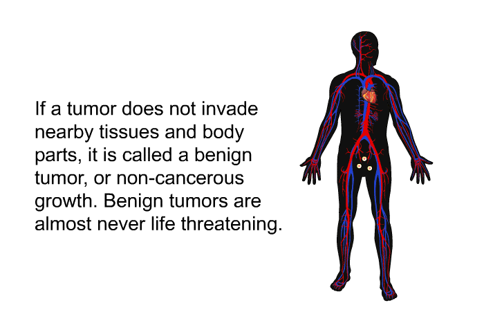 If a tumor does not invade nearby tissues and body parts, it is called a benign tumor, or non-cancerous growth. Benign tumors are almost never life threatening.
