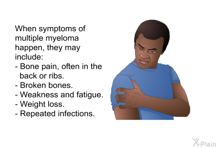 When symptoms of multiple myeloma happen, they may include:  Bone pain, often in the back or ribs. Broken bones. Weakness and fatigue. Weight loss. Repeated infections.