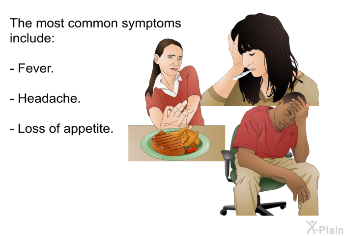 The most common symptoms include:  Fever. Headache. Loss of appetite.