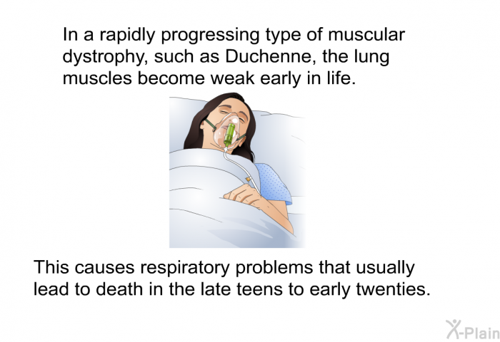 In a rapidly progressing type of muscular dystrophy, such as Duchenne, the lung muscles become weak early in life. This causes respiratory problems that usually lead to death in the late teens to early twenties.