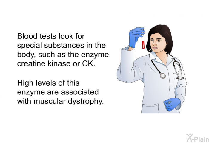 Blood tests look for special substances in the body, such as the enzyme creatine kinase or CK. High levels of this enzyme are associated with muscular dystrophy.