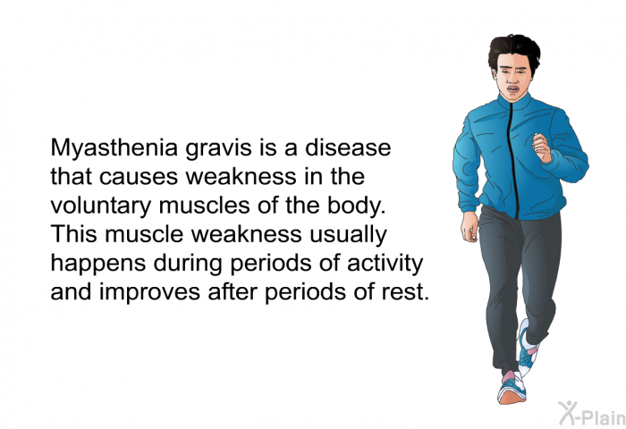 Myasthenia gravis is a disease that causes weakness in the voluntary muscles of the body. This muscle weakness usually happens during periods of activity and improves after periods of rest.