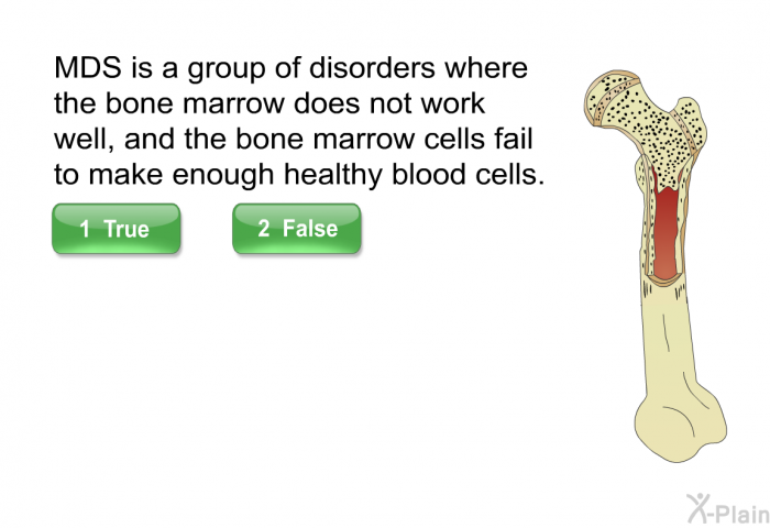 MDS is a group of disorders where the bone marrow does not work well, and the bone marrow cells fail to make enough healthy blood cells.