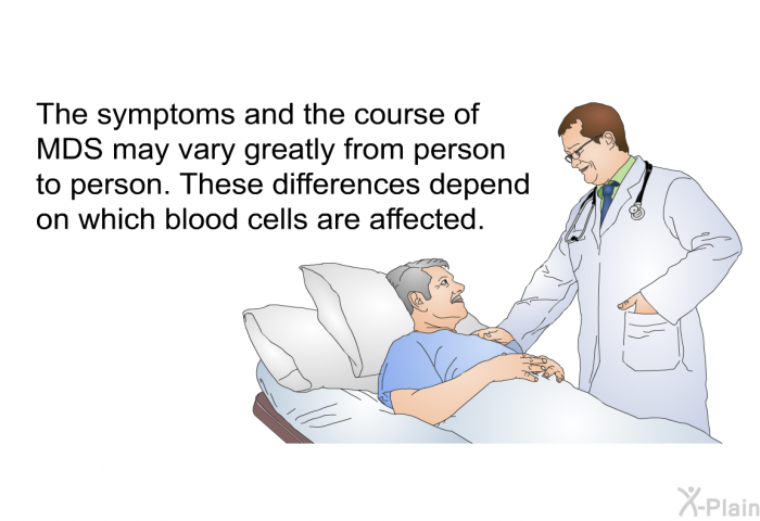 The symptoms and the course of MDS may vary greatly from person to person. These differences depend on which blood cells are affected.