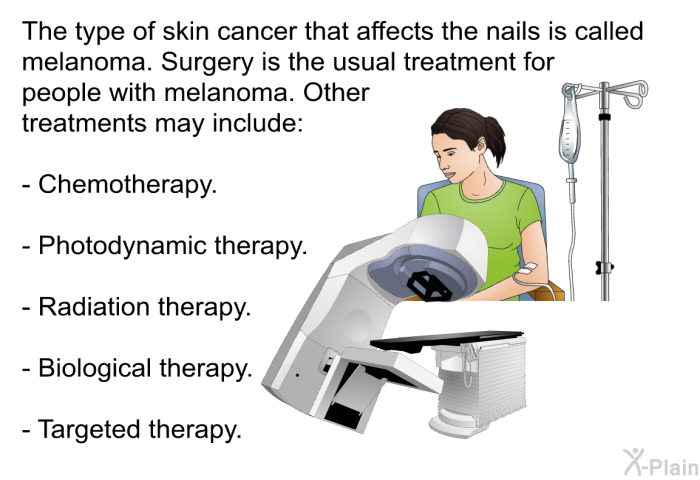 The type of skin cancer that affects the nails is called melanoma. Surgery is the usual treatment for people with melanoma. Other treatments may include:  Chemotherapy. Photodynamic therapy. Radiation therapy. Biological therapy. Targeted therapy.