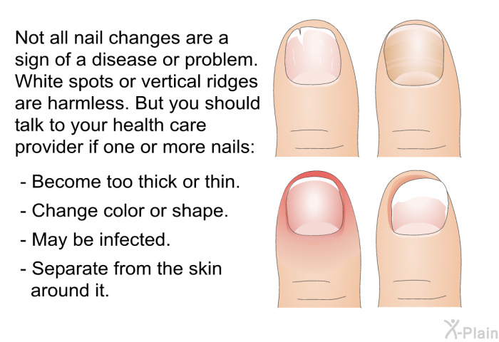 Not all nail changes are a sign of a disease or problem. White spots or vertical ridges are harmless. But you should talk to your health care provider if one or more nails:  Become too thick or thin. Change color or shape. May be infected. Separate from the skin around it.