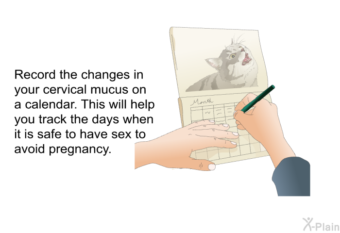 Record the changes in your cervical mucus on a calendar. This will help you track the days when it is safe to have sex to avoid pregnancy.