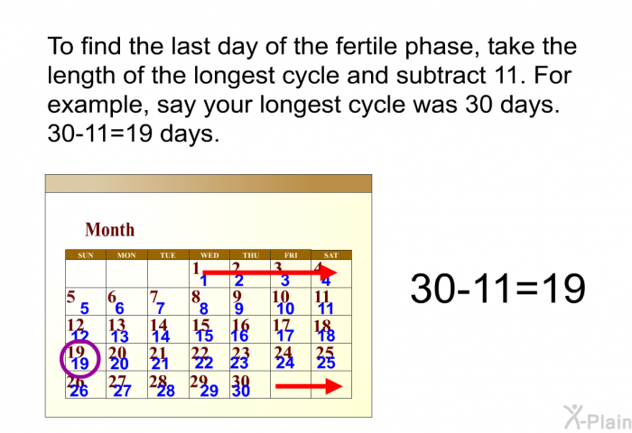 To find the last day of the fertile phase, take the length of the longest cycle and subtract 11. For example, say your longest cycle was 30 days. 30-11=19 days.