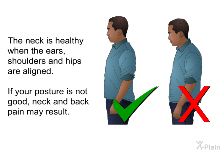 The neck is healthy when the ears, shoulders and hips are aligned. If your posture is not good, neck and back pain may result.