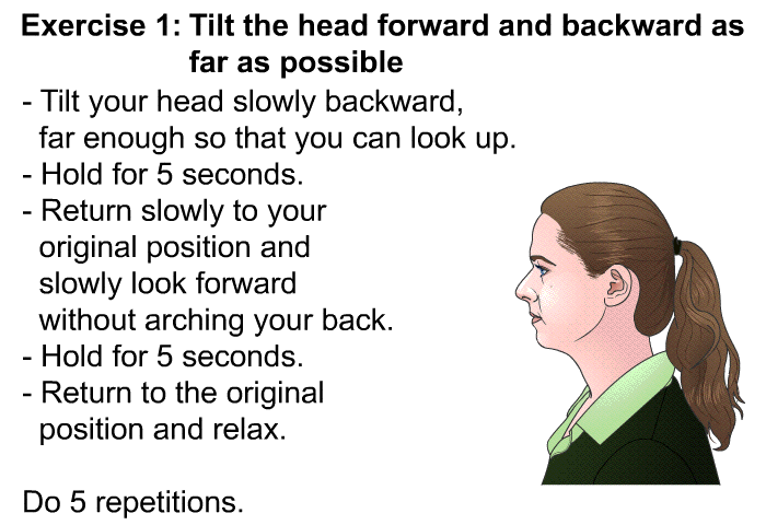 <B>Exercise 1</B> <B>Tilt the head forward and backward as far as possible.</B>  Tilt your head slowly backward, far enough so you can look up. Hold for 5 seconds. Return slowly to your original position and slowly look forward without arching your back. Hold for 5 seconds. Return to the original position and relax. Do 5 repetitions.