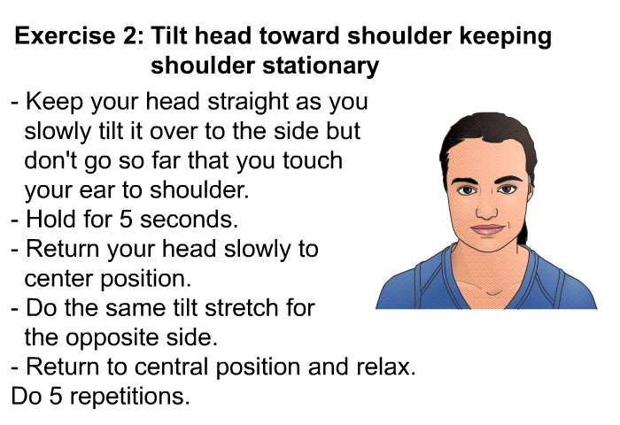 <B>Exercise 2</B> <B>Tilt head toward shoulder keeping shoulder stationary.</B>  Keep your head straight as you slowly tilt it over to the side but don't go so far that you touch your ear to shoulder. Hold for 5 seconds. Return your head slowly to center position. Do the same tilt stretch for the opposite side. Return to central position and relax. Do 5 repetitions.