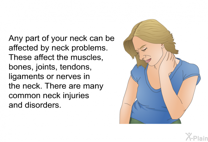 Any part of your neck can be affected by neck problems. These affect the muscles, bones, joints, tendons, ligaments or nerves in the neck. There are many common neck injuries and disorders.