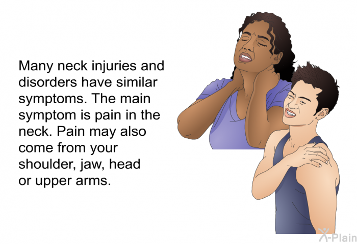 Many neck injuries and disorders have similar symptoms. The main symptom is pain in the neck. Pain may also come from your shoulder, jaw, head or upper arms.