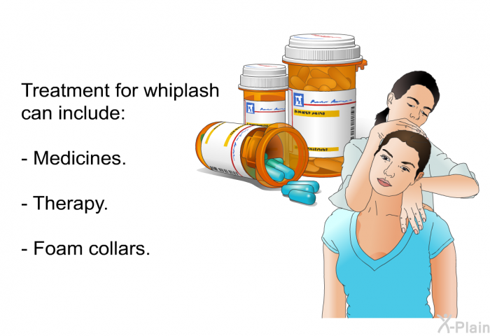 Treatment for whiplash can include:  Medicines. Therapy. Foam collars.