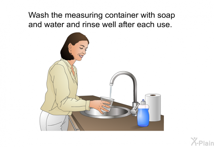 Wash the measuring container with soap and water and rinse well after each use.