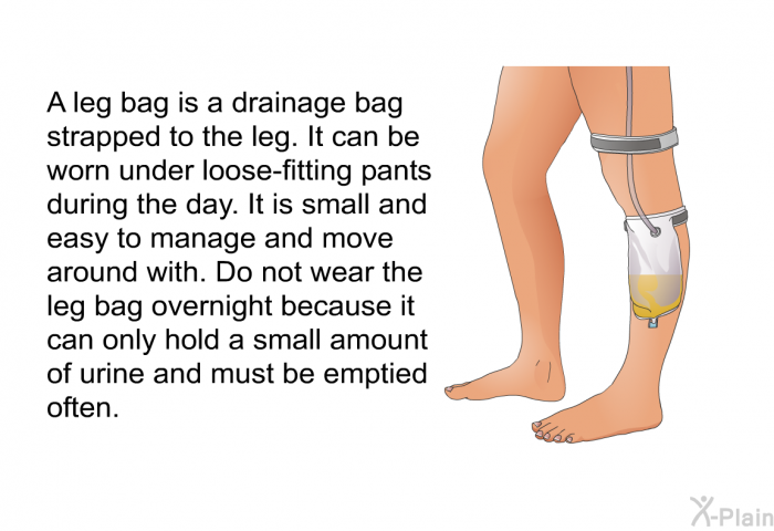 A leg bag is a drainage bag strapped to the leg. It can be worn under loose-fitting pants during the day. It is small and easy to manage and move around with. <B>Do not</B> wear the leg bag overnight because it can only hold a small amount of urine and must be emptied often.