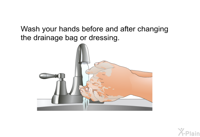 Wash your hands before and after changing the drainage bag or dressing.