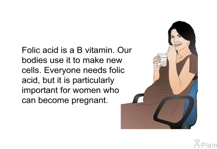 Folic acid is a B vitamin. Our bodies use it to make new cells. Everyone needs folic acid, but it is particularly important for women who can become pregnant.