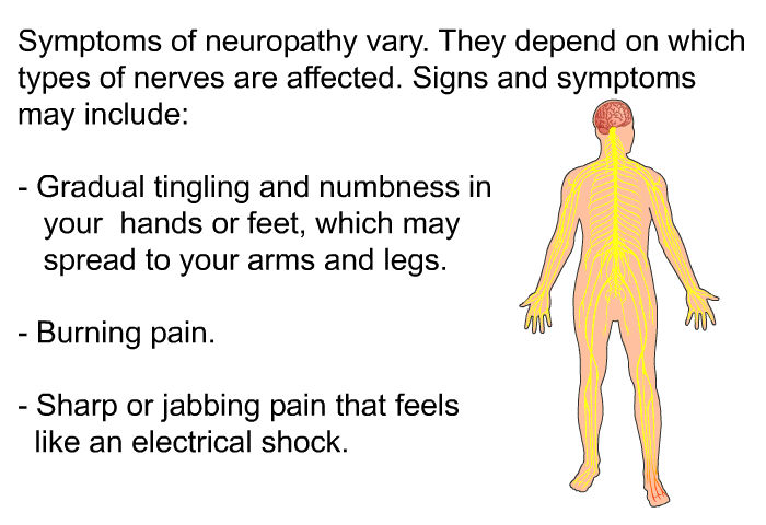 Symptoms of neuropathy vary. They depend on which types of nerves are affected. Signs and symptoms may include:  Gradual tingling and numbness in your hands or feet, which may spread to your arms and legs. Burning pain. Sharp or jabbing pain that feels like an electrical shock.