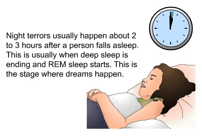 Night terrors usually happen about 2 to 3 hours after a person falls asleep. This is usually when deep sleep is ending and REM sleep starts. This is the stage where dreams happen.