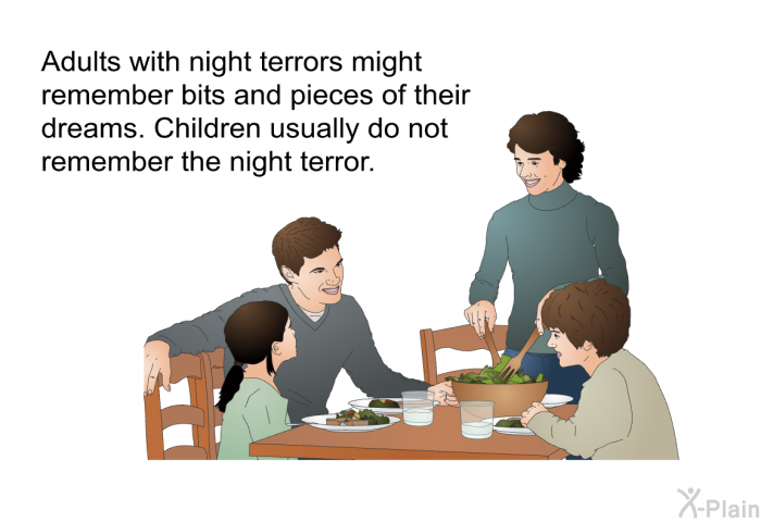 Adults with night terrors might remember bits and pieces of their dreams. Children usually do not remember the night terror.