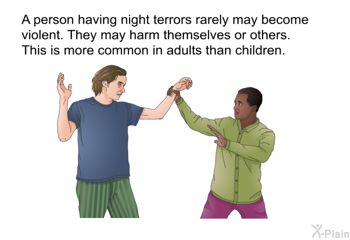 A person having night terrors rarely may become violent. They may harm themselves or others. This is more common in adults than children.