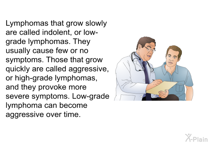 Lymphomas that grow slowly are called indolent, or low-grade lymphomas. They usually cause few or no symptoms. Those that grow quickly are called aggressive, or high-grade lymphomas, and they provoke more severe symptoms. Low-grade lymphoma can become aggressive over time.