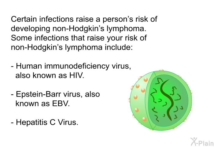 Certain infections raise a person's risk of developing non-Hodgkin's lymphoma. Some infections that raise your risk of non-Hodgkin's lymphoma include:  Human immunodeficiency virus, also known as HIV. Epstein-Barr virus, also known as EBV. Hepatitis C Virus.
