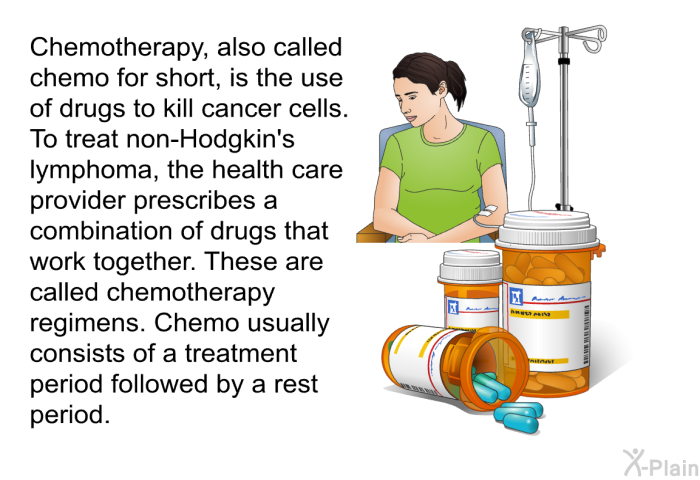 Chemotherapy, also called chemo for short, is the use of drugs to kill cancer cells. To treat non-Hodgkin's lymphoma, the health care provider prescribes a combination of drugs that work together. These are called chemotherapy regimens. Chemo usually consists of a treatment period followed by a rest period.