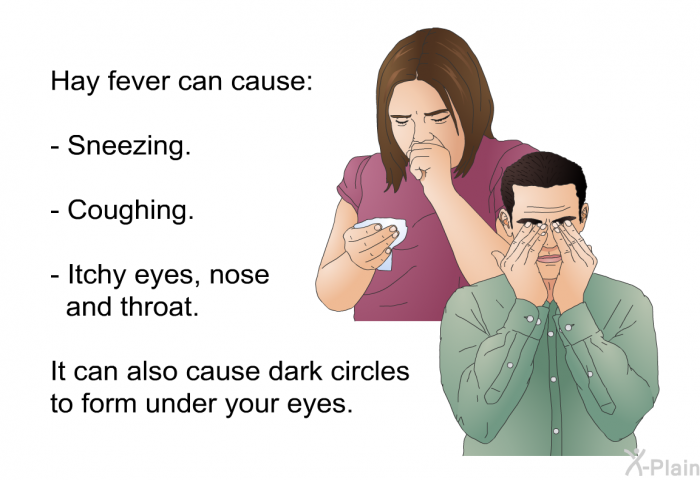 Hay fever can cause:  Sneezing. Coughing. Itchy eyes, nose and throat.  
 It can also cause dark circles to form under your eyes.