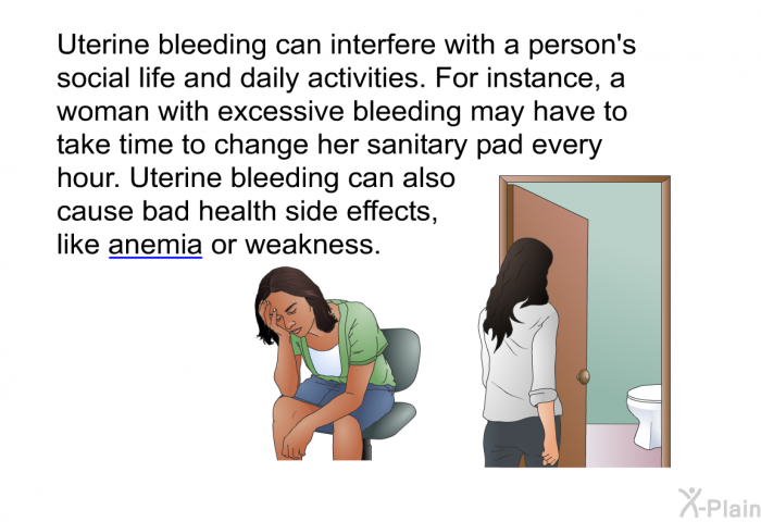 Uterine bleeding can interfere with a person's social life and daily activities. For instance, a woman with excessive bleeding may have to take time to change her sanitary pad every hour. Uterine bleeding can also cause bad health side effects, like anemia or weakness.