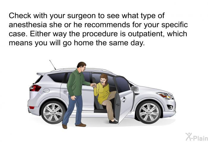 Check with your surgeon to see what type of anesthesia she or he recommends for your specific case. Either way the procedure is outpatient, which means you will go home the same day.