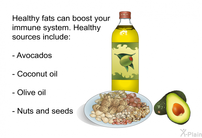 Healthy fats can boost your immune system. Healthy sources include:  Avocados Coconut oil Olive oil Nuts and seeds