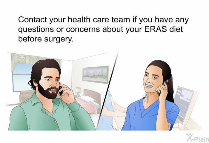 Contact your health care team if you have any questions or concerns about your ERAS diet before surgery.