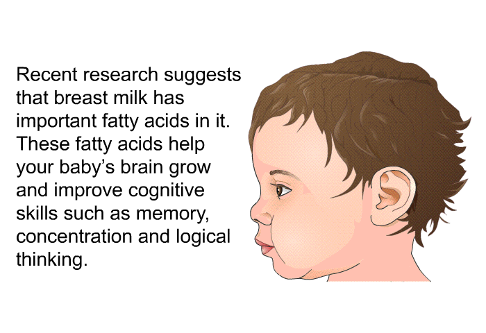Recent research suggests that breast milk has important fatty acids in it. These fatty acids help your baby's brain grow and improve cognitive skills such as memory, concentration and logical thinking.
