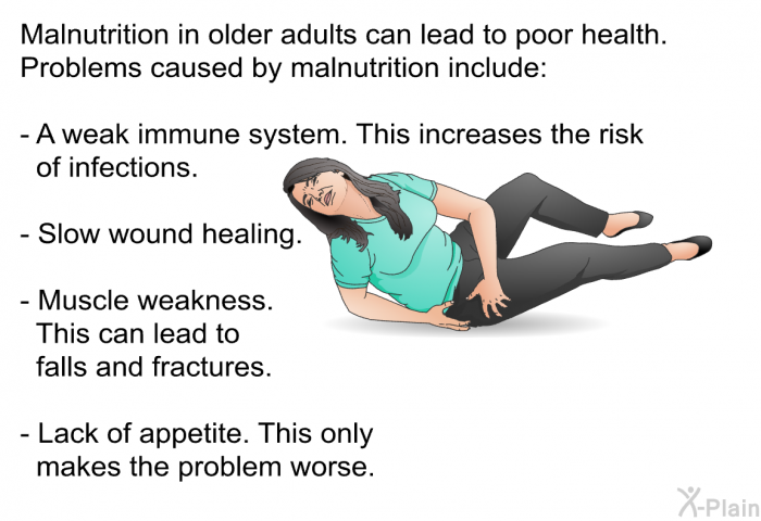 Malnutrition in older adults can lead to poor health. Problems caused by malnutrition include:  A weak immune system. This increases the risk of infections. Slow wound healing. Muscle weakness. This can lead to falls and fractures. Lack of appetite. This only makes the problem worse.