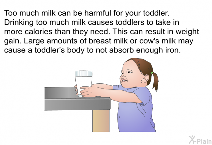 Too much milk can be harmful for your toddler. Drinking too much milk causes toddlers to take in more calories than they need. This can result in weight gain. Large amounts of breast milk or cow's milk may cause a toddler's body to not absorb enough iron.