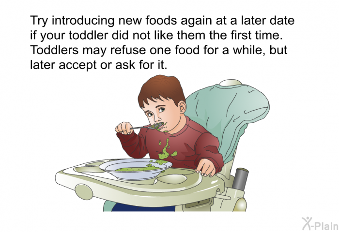 Try introducing new foods again at a later date if your toddler did not like them the first time. Toddlers may refuse one food for a while, but later accept or ask for it.
