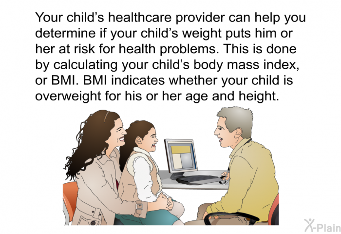 Your child's healthcare provider can help you determine if your child's weight puts him or her at risk for health problems. This is done by calculating your child's body mass index, or BMI. BMI indicates whether your child is overweight for his or her age and height.