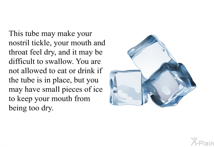This tube may make your nostril tickle, your mouth and throat feel dry, and it may be difficult to swallow. You are not allowed to eat or drink if the tube is in place, but you may have small pieces of ice to keep your mouth from being too dry.