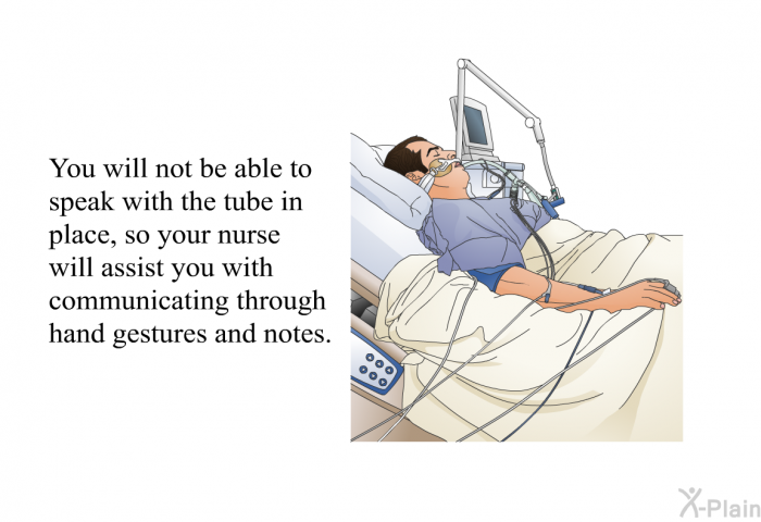 You will not be able to speak with the tube in place, so your nurse will assist you with communicating through hand gestures and notes.