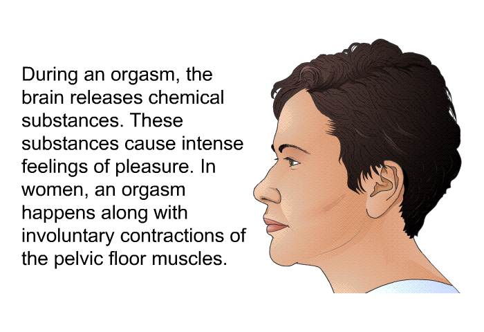 During an orgasm, the brain releases chemical substances. These substances cause intense feelings of pleasure. In women, an orgasm happens along with involuntary contractions of the pelvic floor muscles.
