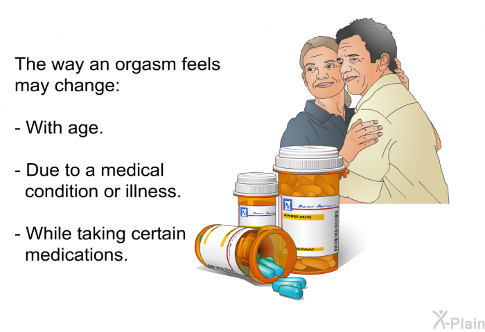The way an orgasm feels may change:  With age. Due to a medical condition or illness. While taking certain medications.
