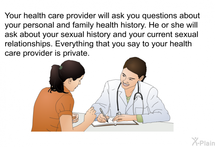 Your health care provider will ask you questions about your personal and family health history. He or she will ask about your sexual history and your current sexual relationships. Everything that you say to your health care provider is private.