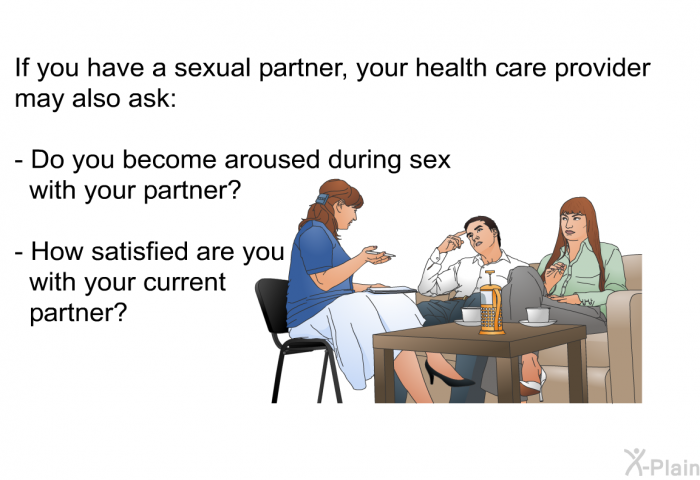If you have a sexual partner, your health care provider may also ask:  Do you become aroused during sex with your partner? How satisfied are you with your current partner?