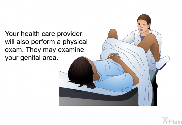 Your health care provider will also perform a physical exam. They may examine your genital area.