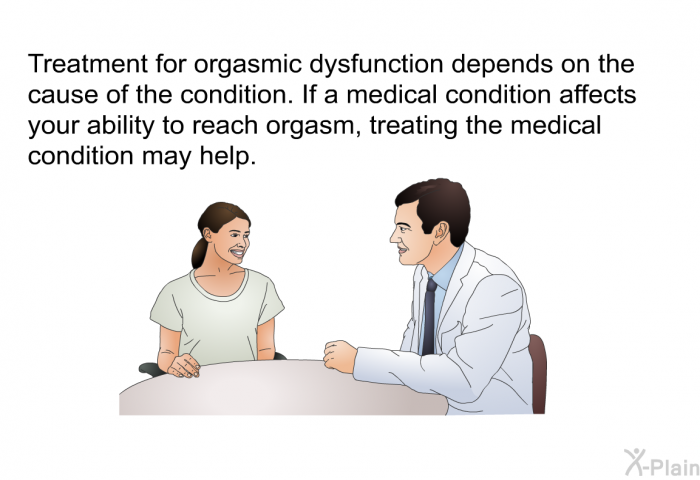 Treatment for orgasmic dysfunction depends on the cause of the condition. If a medical condition affects your ability to reach orgasm, treating the medical condition may help.
