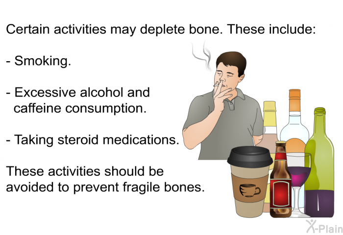 Certain activities may deplete bone. These include:  Smoking. Excessive alcohol and caffeine consumption. Taking steroid medications.  
These activities should be avoided to prevent fragile bones.