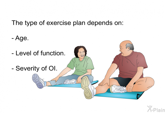 The type of exercise plan depends on:  Age. Level of function. Severity of OI.