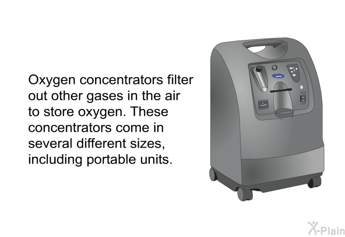 Oxygen concentrators filter out other gases in the air to store oxygen. These concentrators come in several different sizes, including portable units.